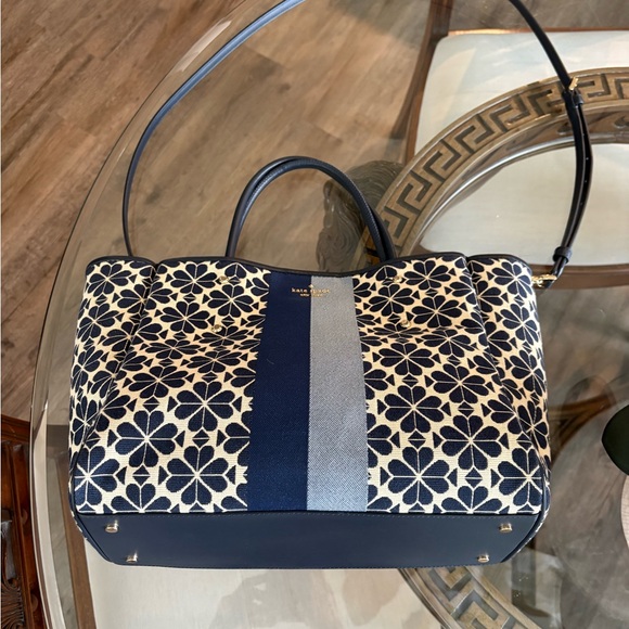 💙🤍KATE SPADE FLOWER JACQUARD STRIPE NAVY BLUE & CREAM TOTE BAG!💙🤍 - Picture 4 of 8